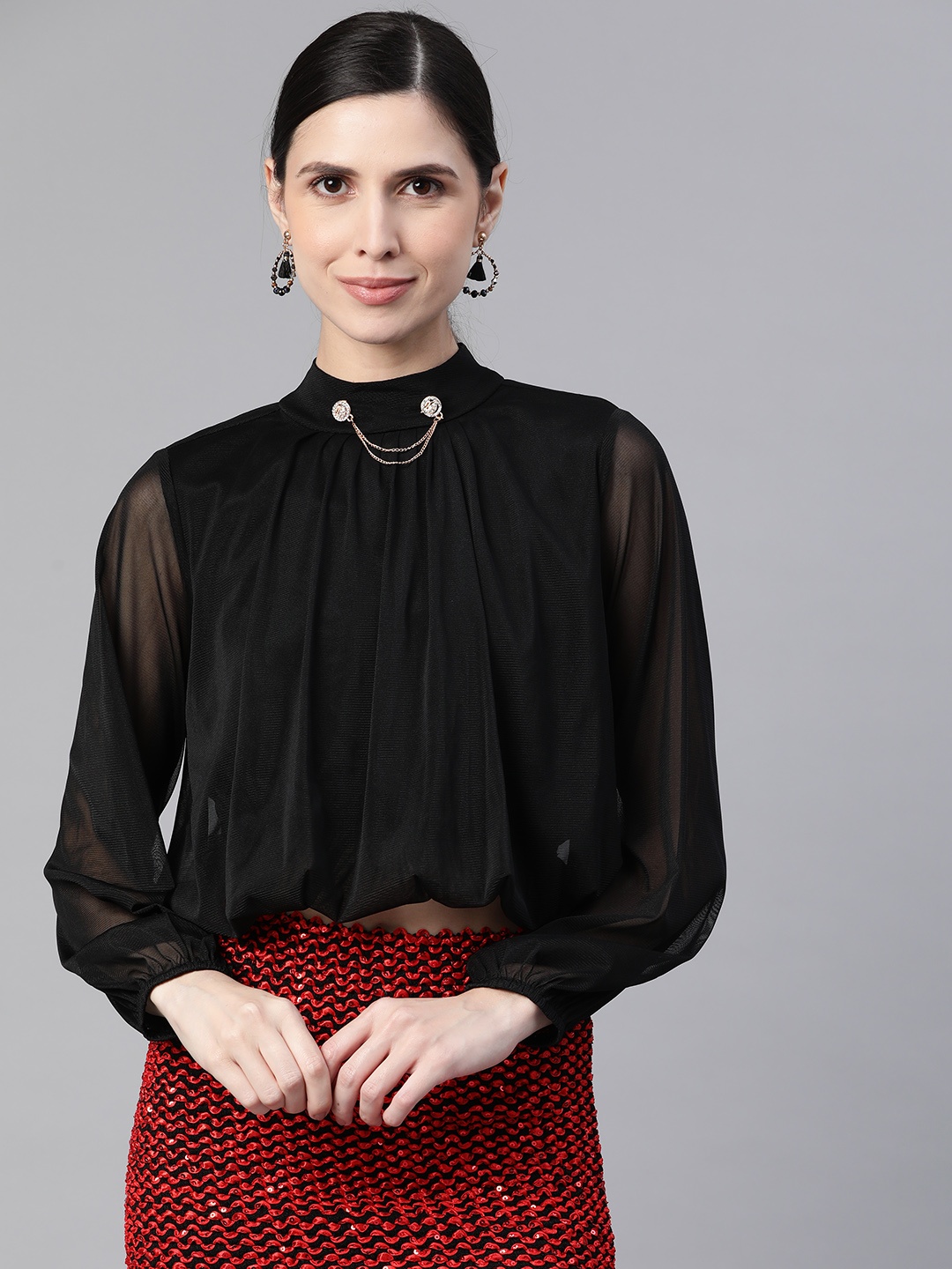 

KASSUALLY Women Black Puff Sleeves Mesh Net Blouson Top