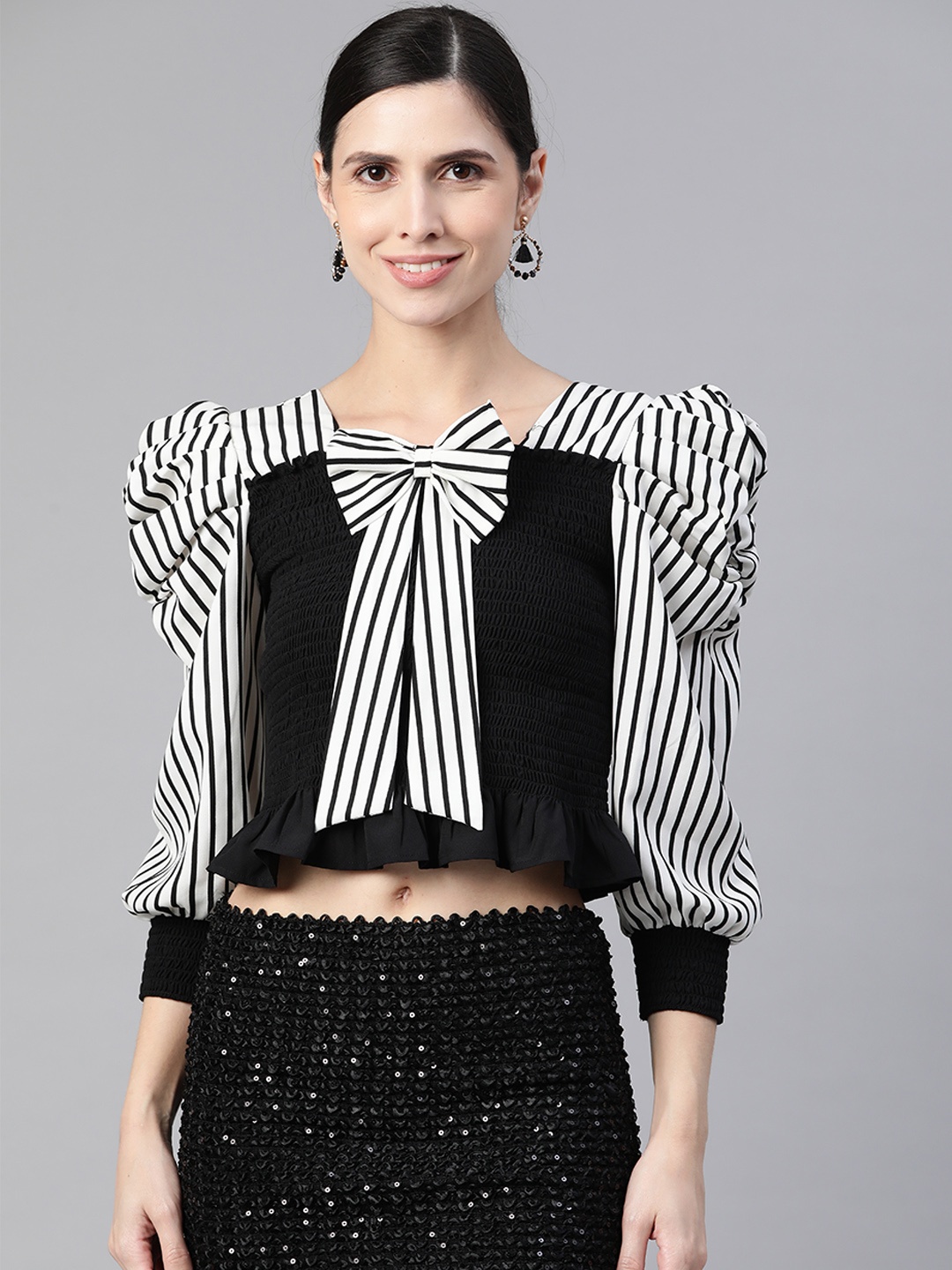 

KASSUALLY Women Black & White Striped Smocked Puff Sleeves Monochrome Crepe Fitted Top