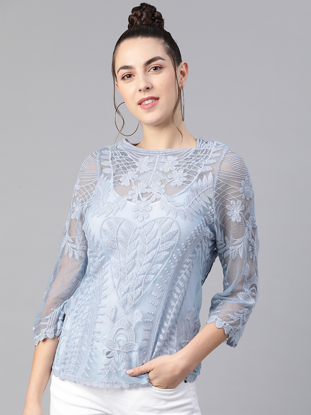 

KASSUALLY Women Blue Sheer Floral Embroidered Net Top