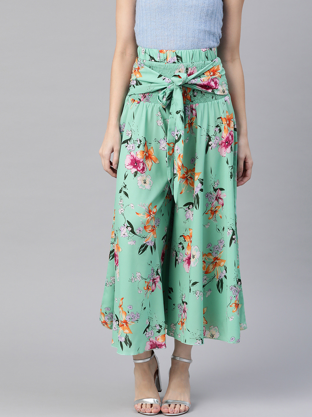 

KASSUALLY Women Sea Green & Orange Floral Printed Flared Crop Palazzos