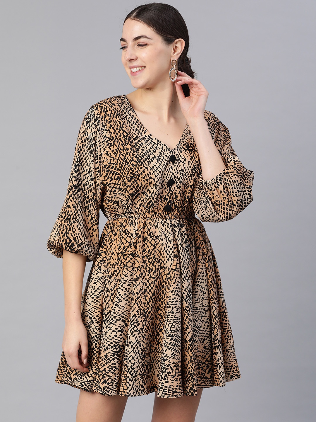 

KASSUALLY Beige & Black Animal Print Fit & Flare Dress