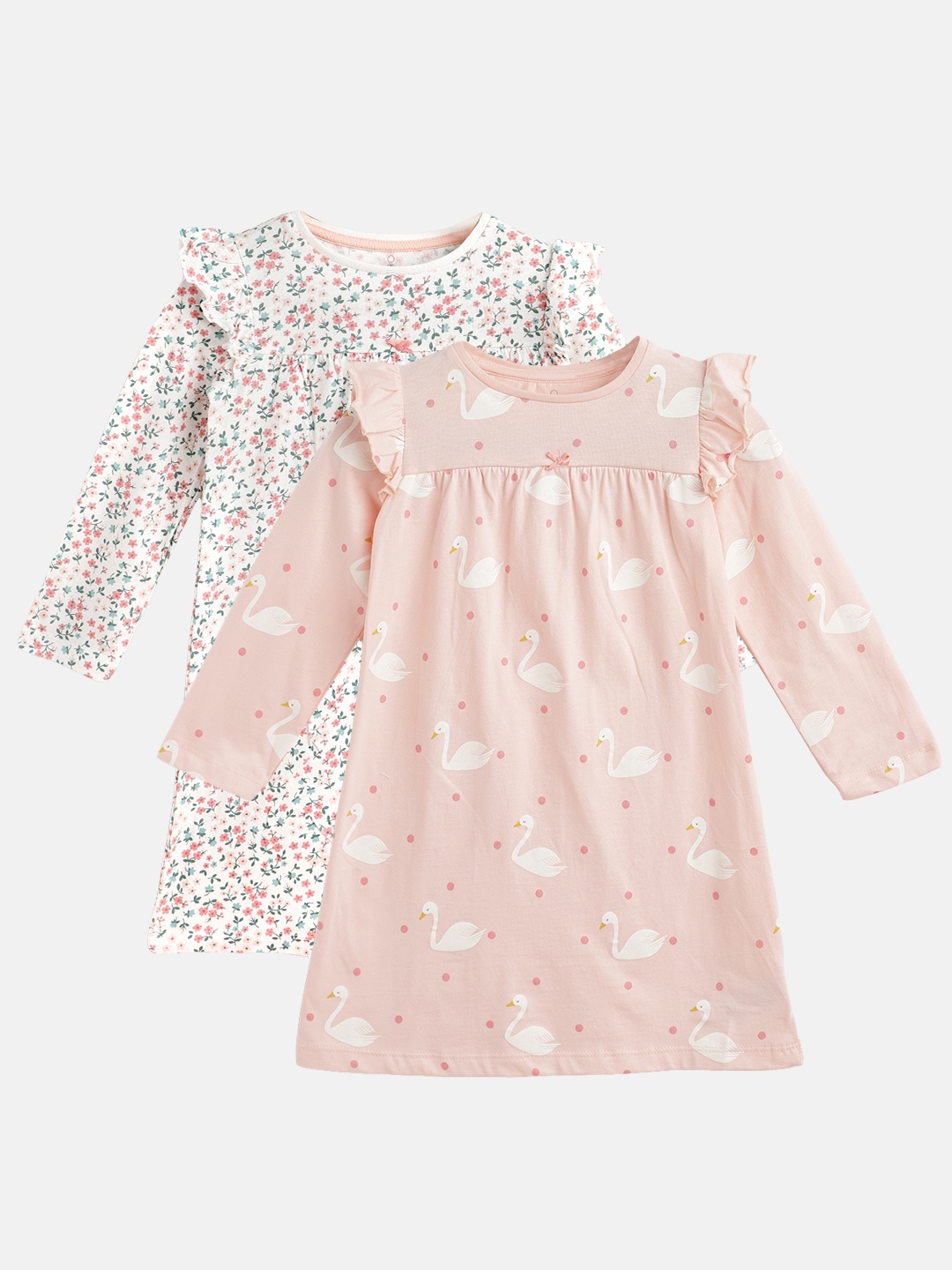 

mothercare Girls Pack of 2 Printed Ruffled & Bow Detail Cotton A-Line Dress, Peach