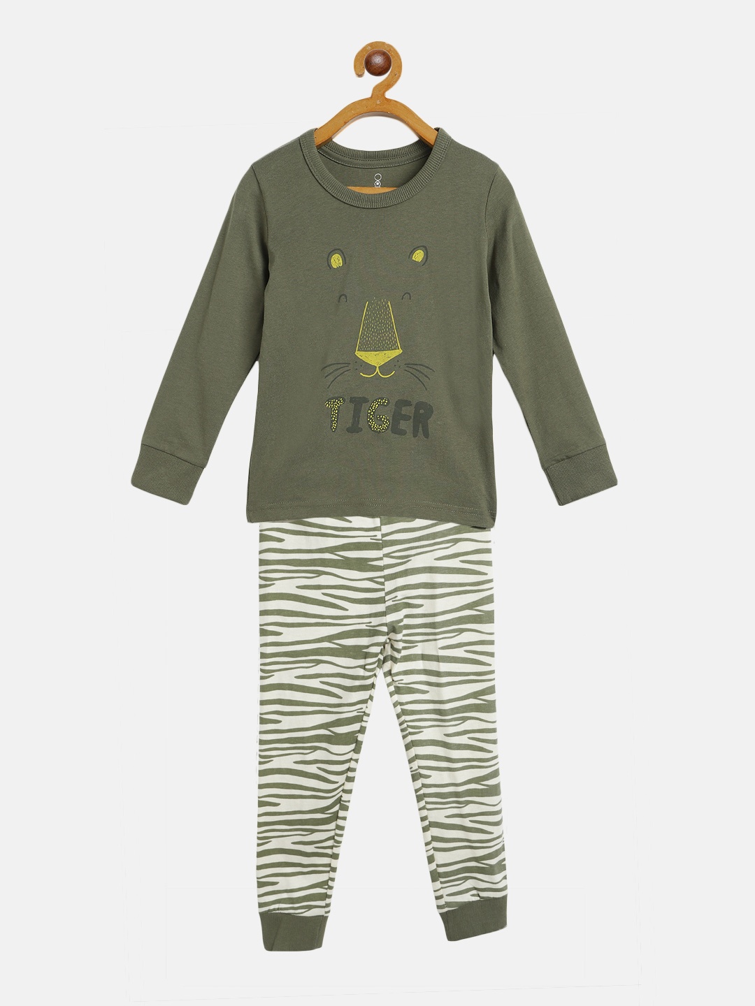 

mothercare Boys Olive Green & Off-White Animal Printed Cotton Night suit