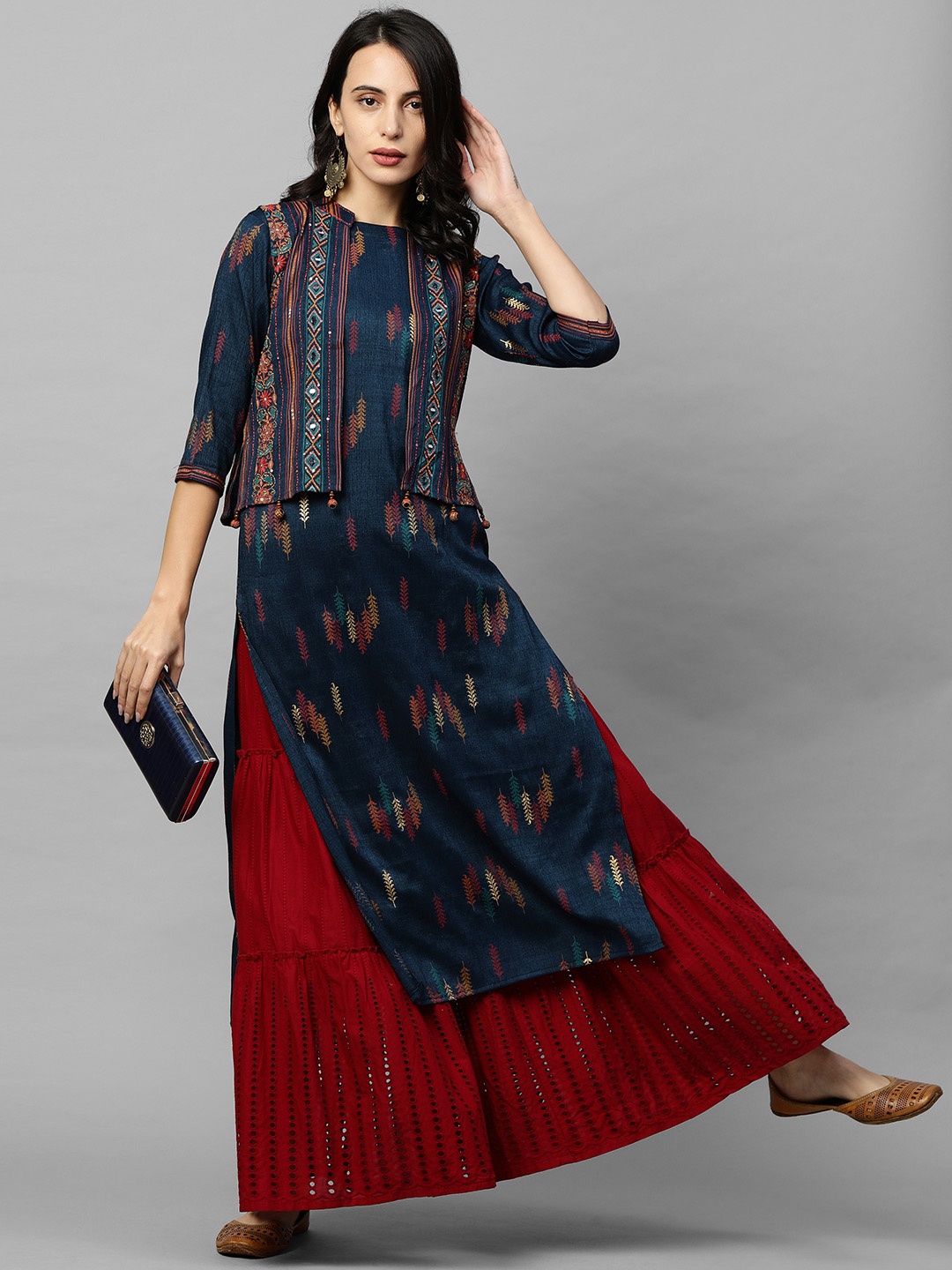 

Fashor Women Blue Ethnic Motifs Printed Kurta with Embellished Jacket