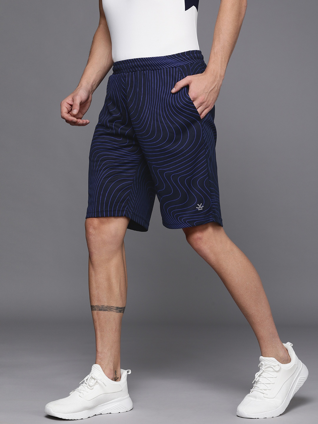 

WROGN ACTIVE Men Navy Blue Printed Slim Fit Mid-Rise Sports Shorts