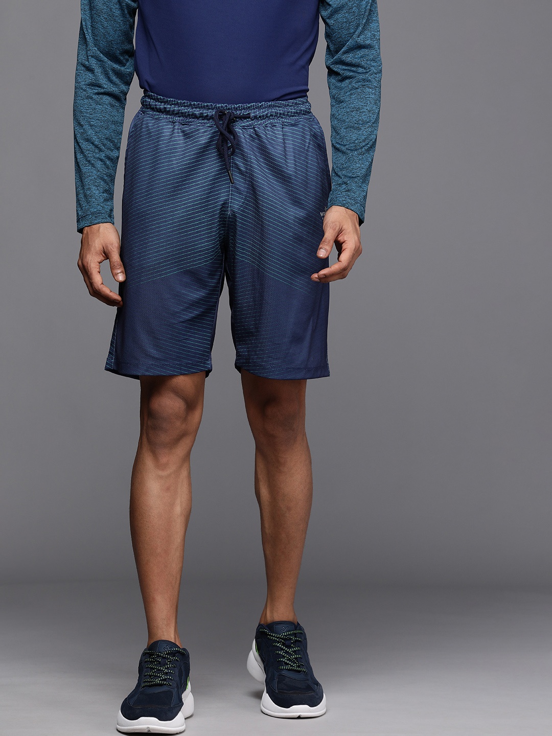 

WROGN ACTIVE Men Blue Striped Slim Fit Mid-Rise Sports Shorts