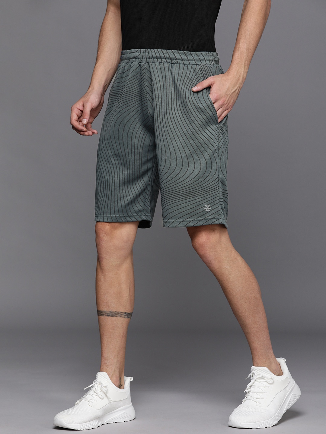 

WROGN ACTIVE Men Grey & Black Printed Slim Fit Mid-Rise Sports Shorts
