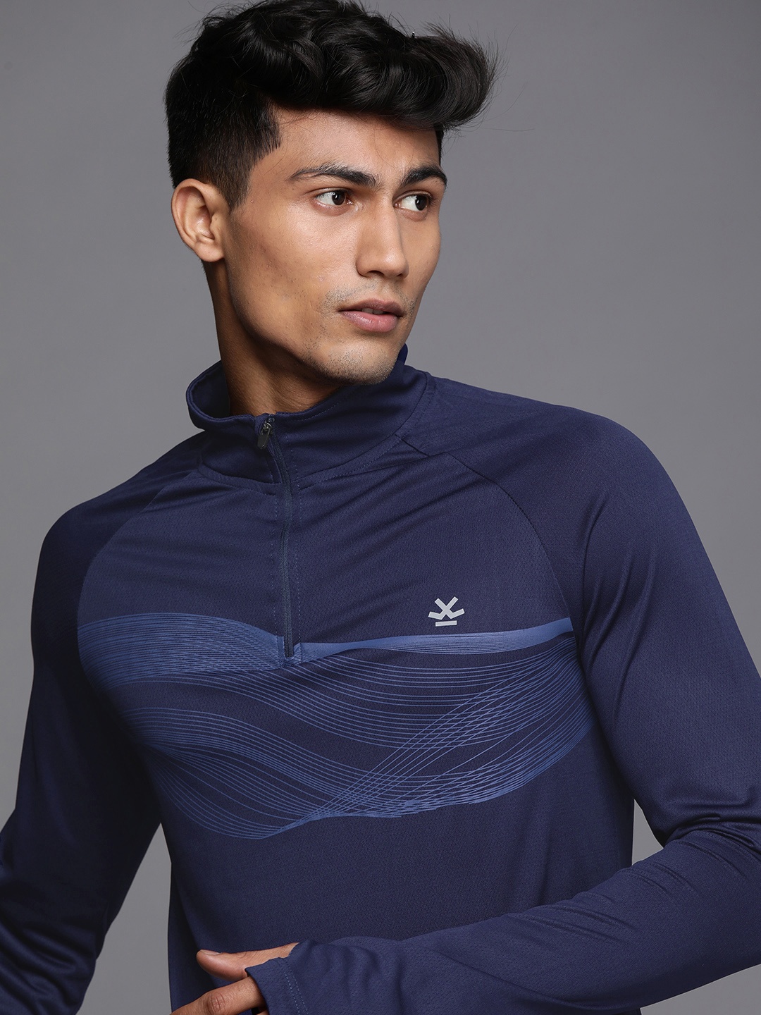 

WROGN ACTIVE Men Blue Printed High Neck Slim Fit Pure Cotton T-shirt