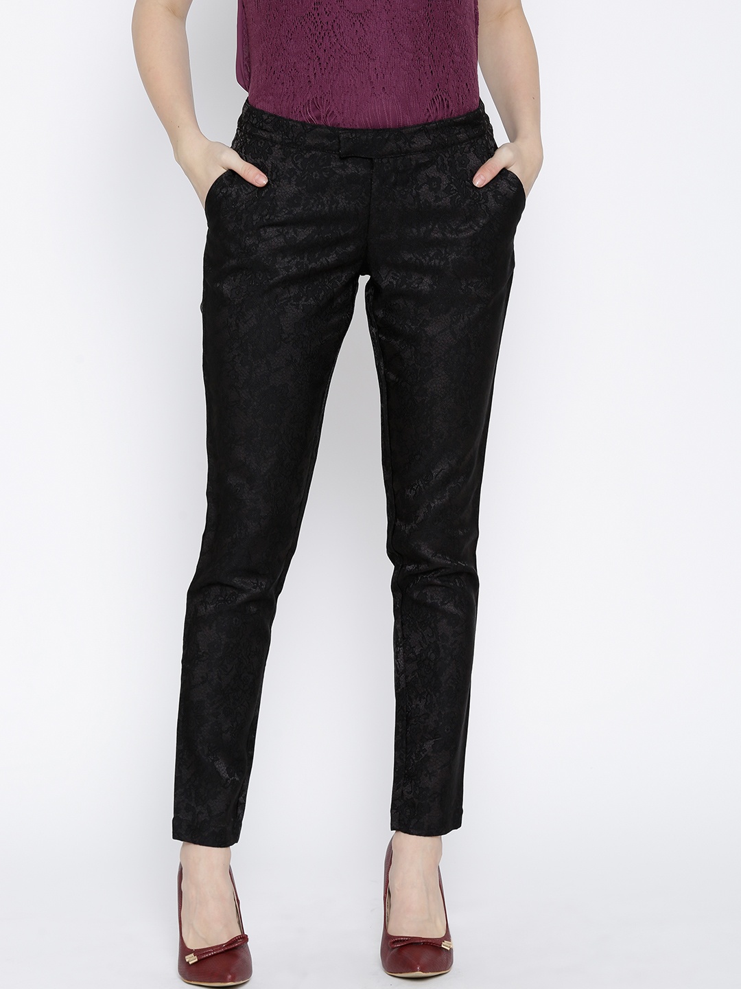 

Wills Lifestyle Black Floral Patterned Slim Trousers