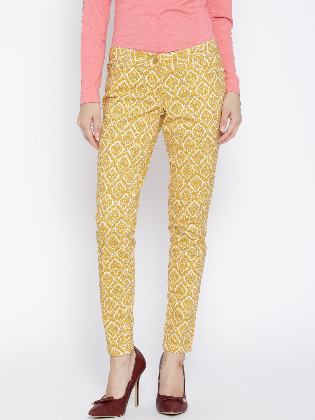 

Wills Lifestyle Mustard Yellow Printed Slim Trousers