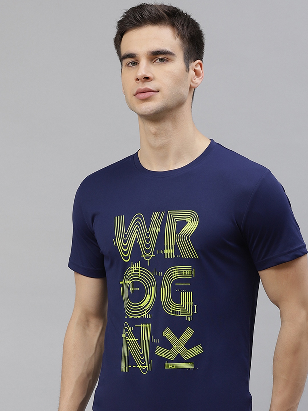 

WROGN ACTIVE Men Navy Blue & Yellow Slim Fit Brand Logo Print Round Neck T-shirt
