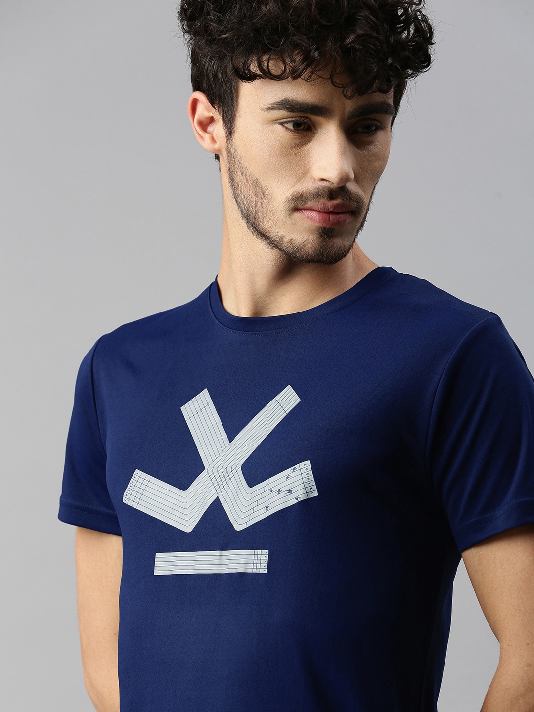 

WROGN ACTIVE Men Navy Blue & Grey Brand Logo Printed Slim Fit T-shirt