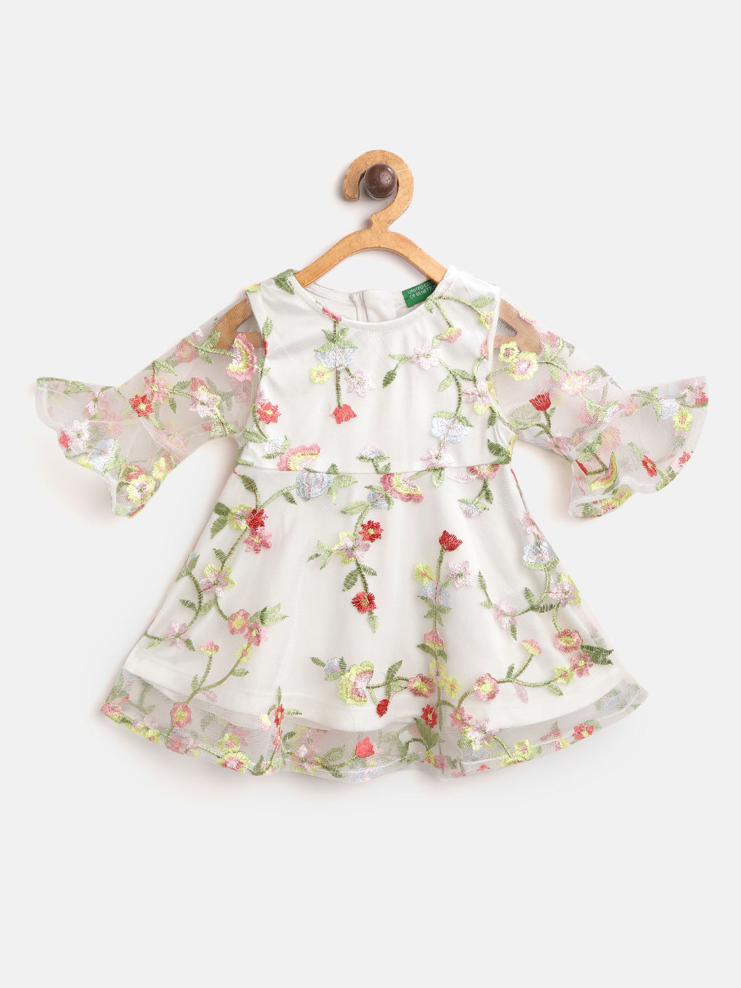 

United Colors of Benetton Girls Off-White & Green Floral Embroidered Net Fit & Flare Dress