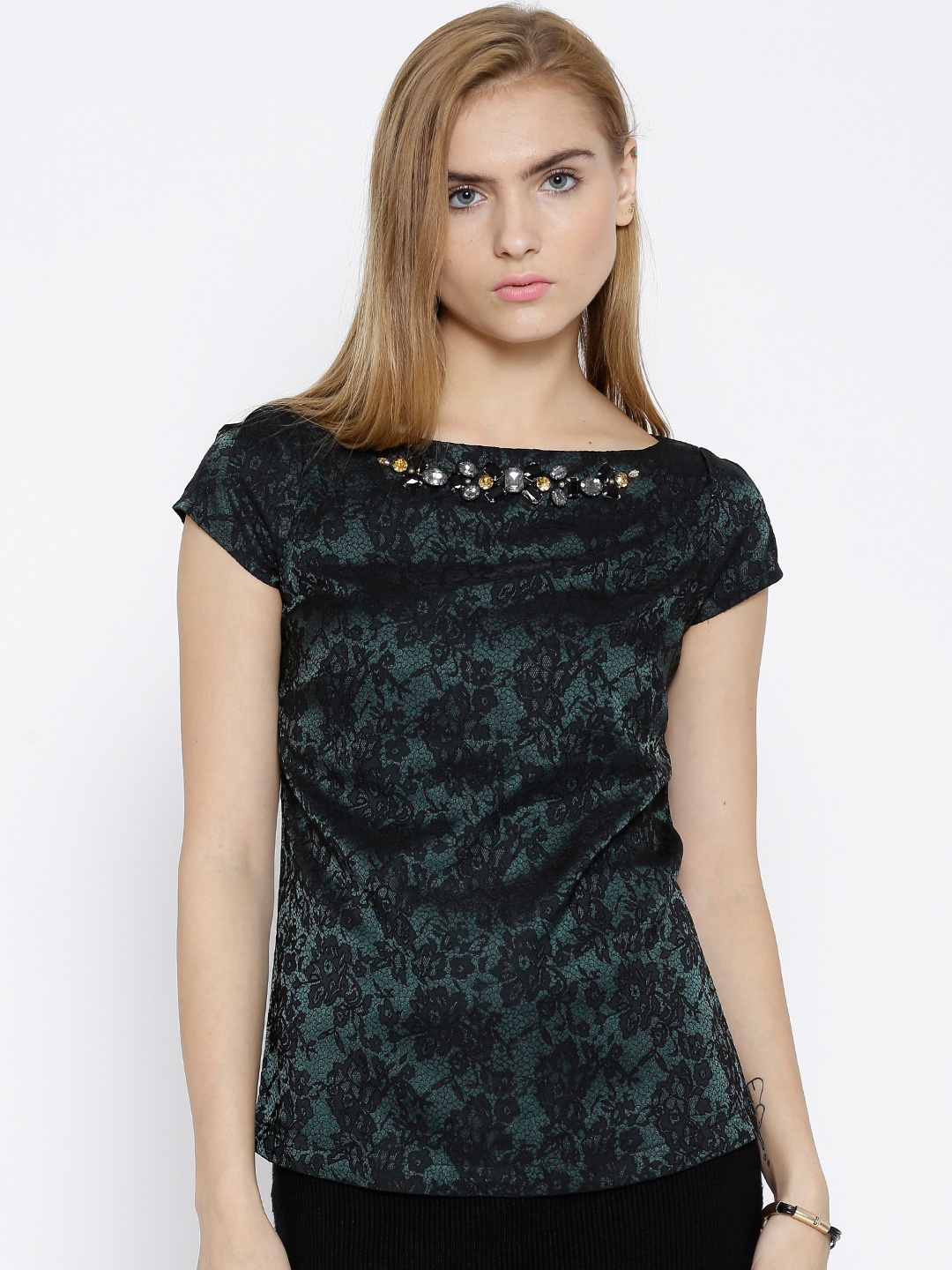 

Wills Lifestyle Black Patterned Embellished Detail Top