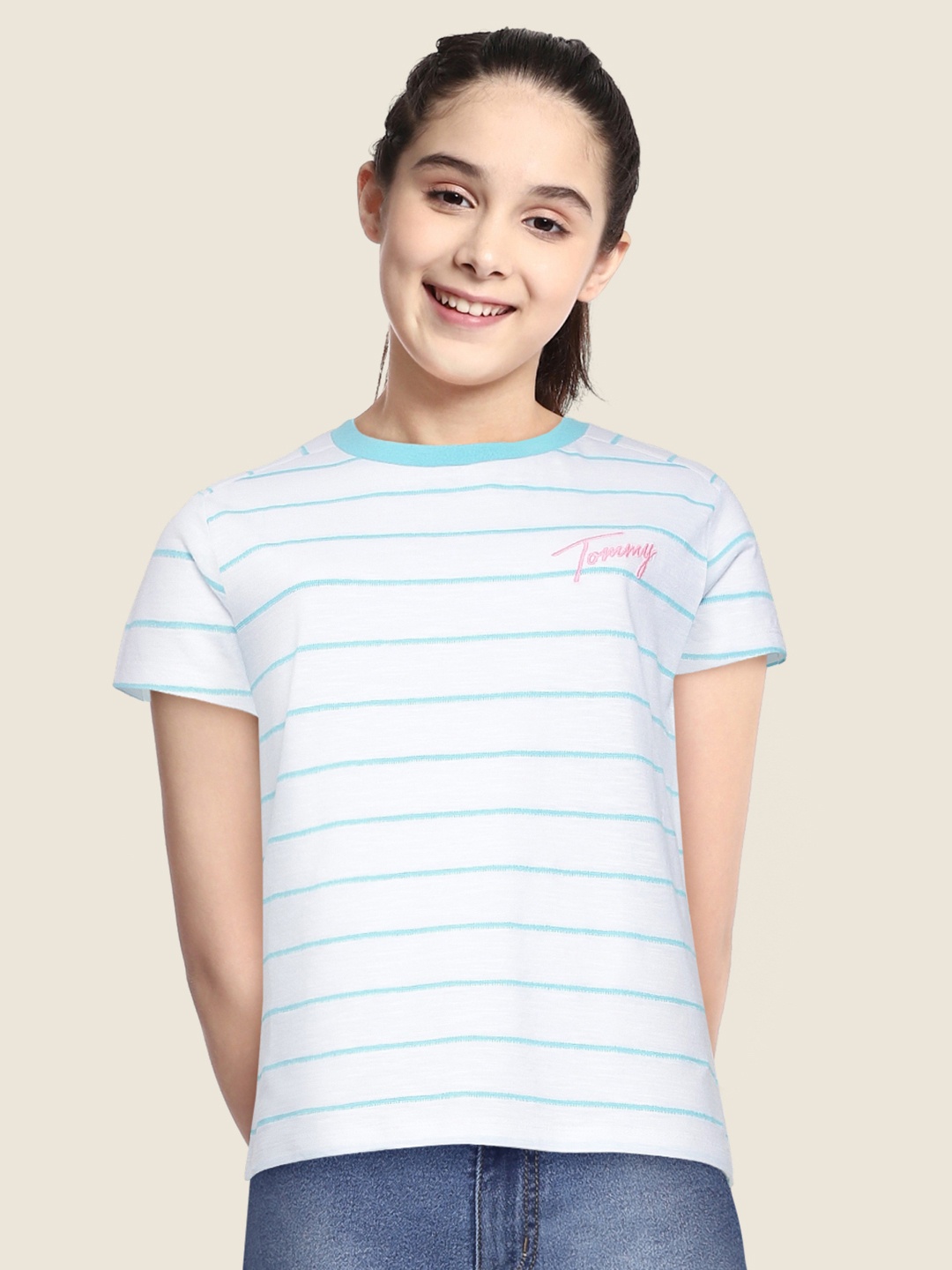 

Tommy Hilfiger Girls White Striped Cotton Round Neck T-shirt