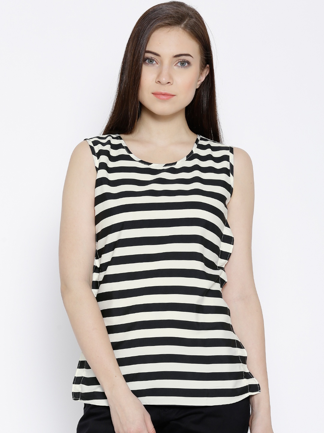 

Wills Lifestyle Black & Off-White Polyester Striped Top