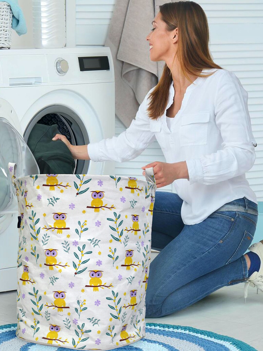 

Polka Tots White & Yellow Owl Printed Canvas Sustainable Laundry Bag