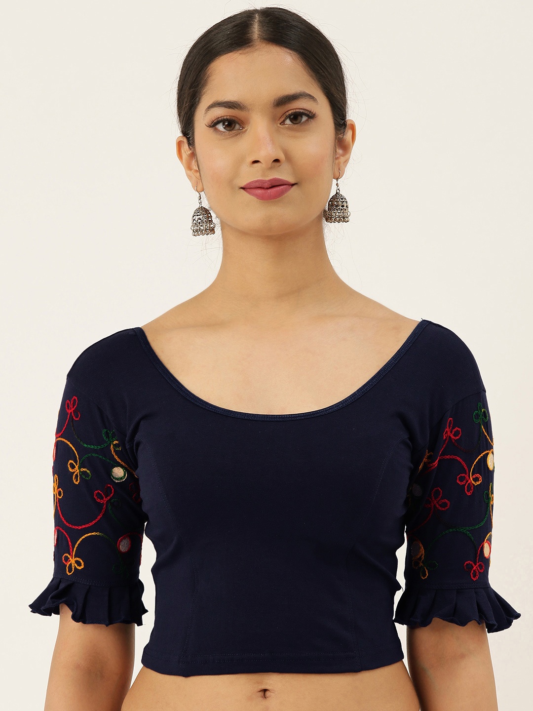 

VASTRANAND Women Navy Blue Solid Stretchable Ari Work Saree Blouse