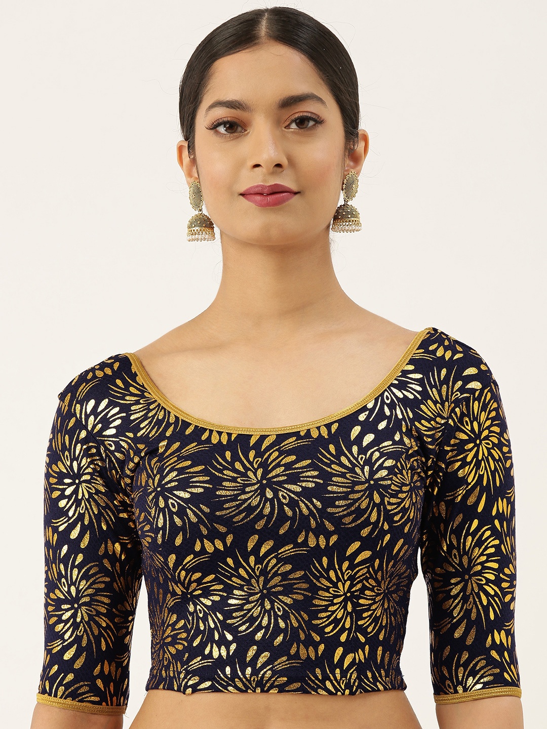 

VASTRANAND Women Navy Blue & Gold-Coloured Foil Printed Stretchable Blouse