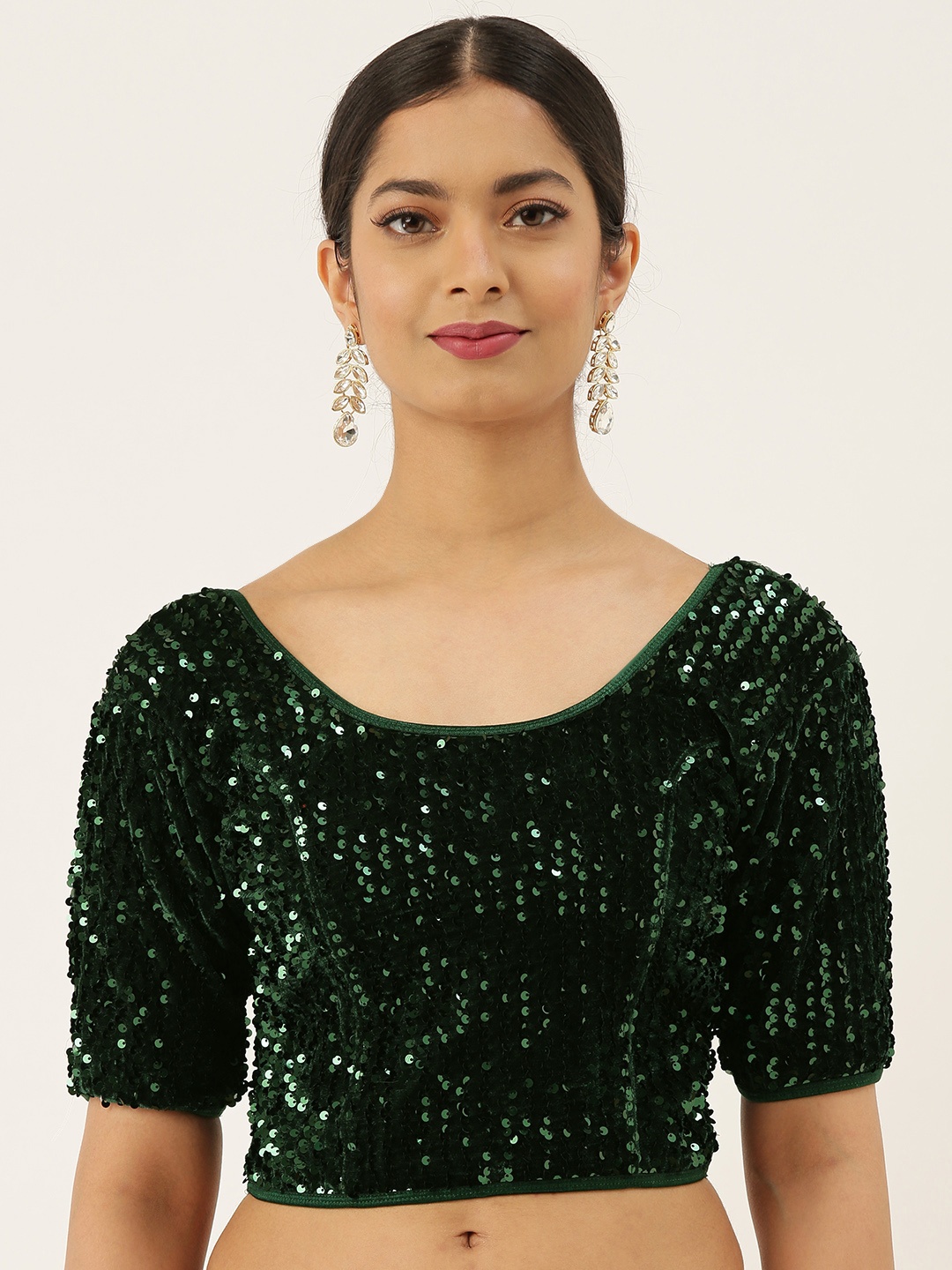 

VASTRANAND Women Green-Coloured Solid Stretchable Embellished Sequence Saree Blouse