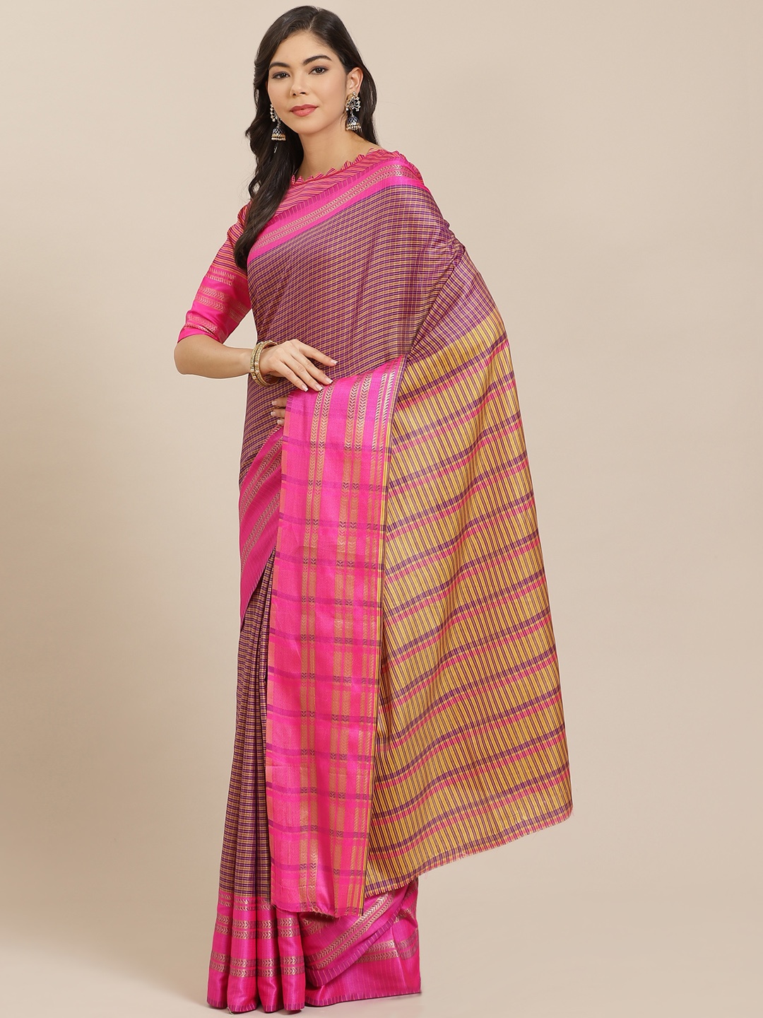 

KALINI Pink & Purple Striped Saree
