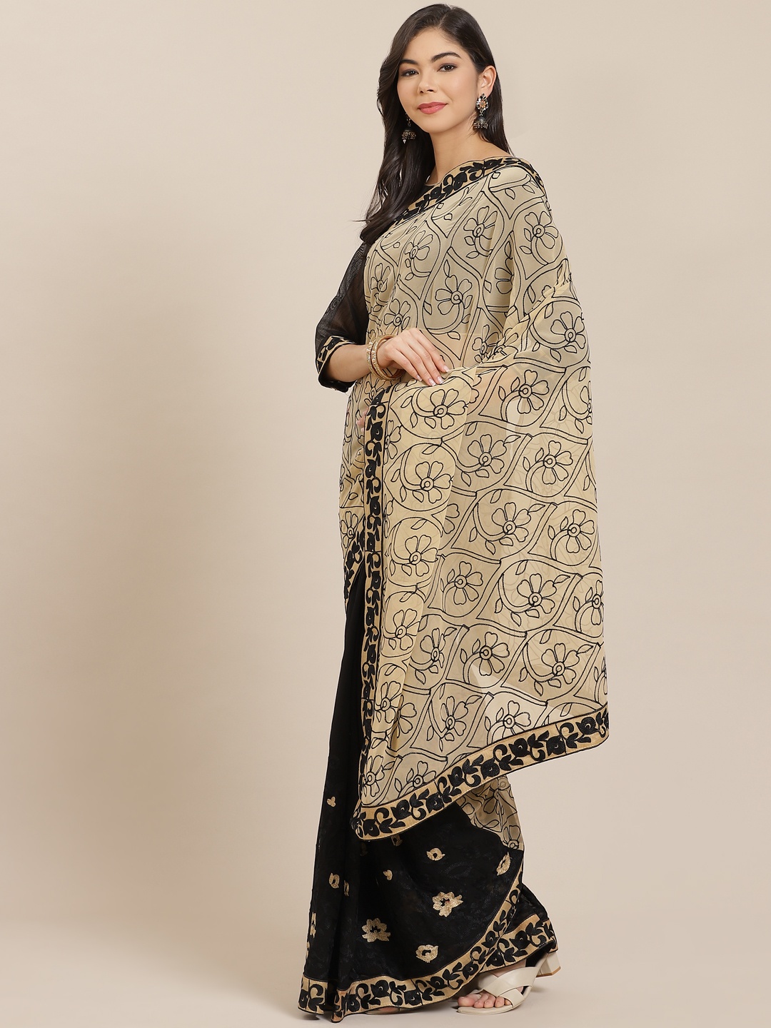 

Mitera Beige & Black Pure Georgette Embroidered Half & Half Saree