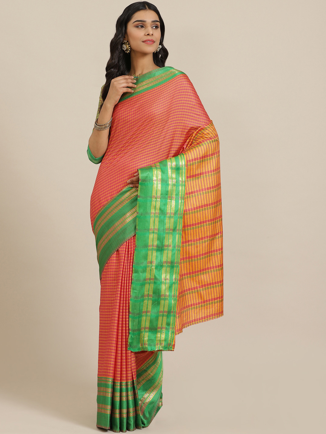 

KALINI Pink & Yellow Checked Saree