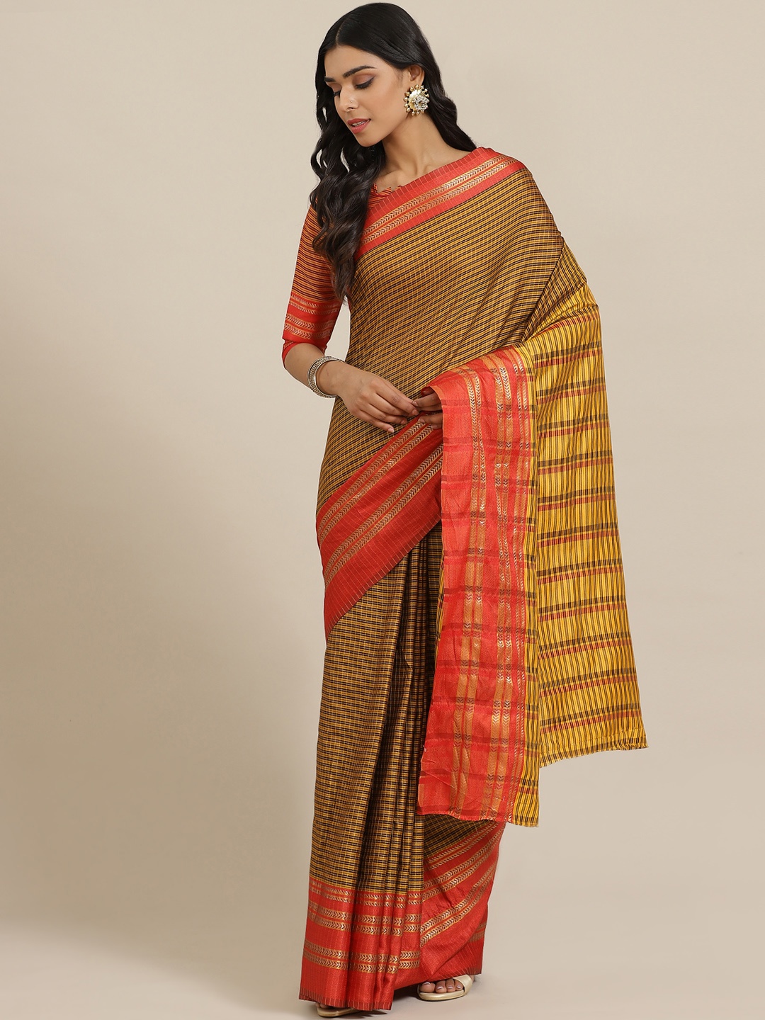 

KALINI Brown & Mustard Yellow Checked Saree