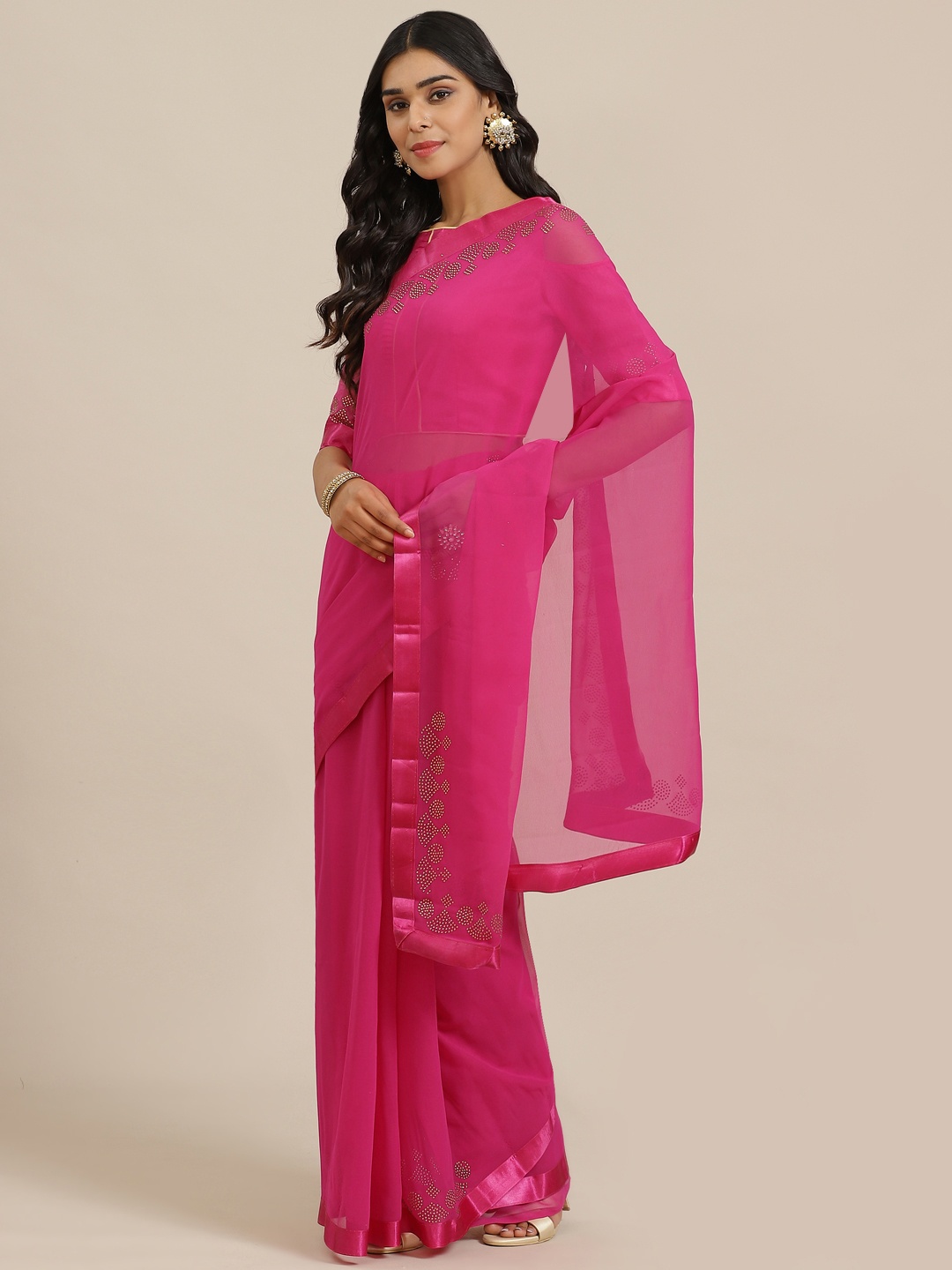 

KALINI Pink Solid Pure Georgette Saree