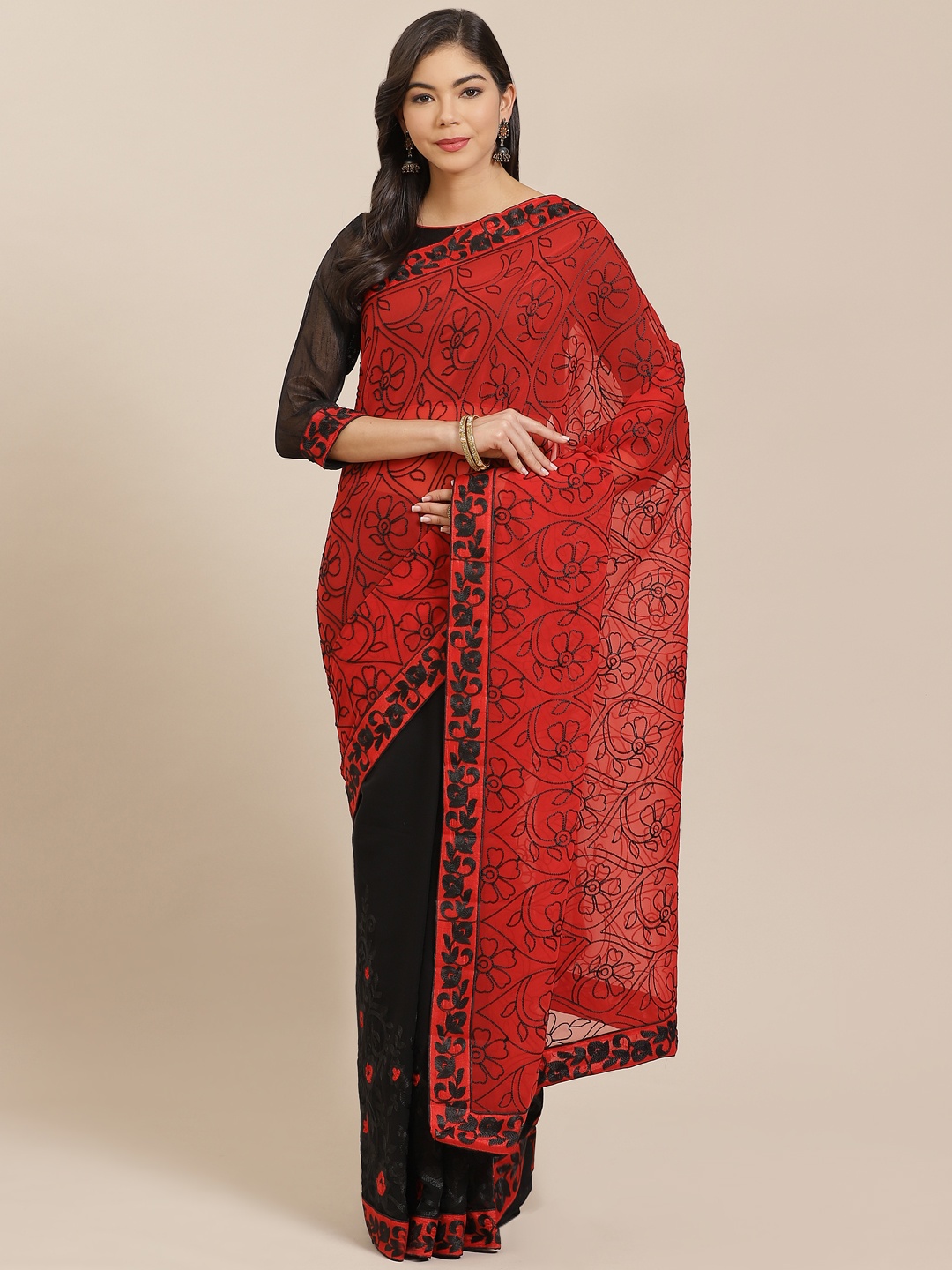 

Mitera Red & Black Pure Georgette Embroidered Half & Half Saree