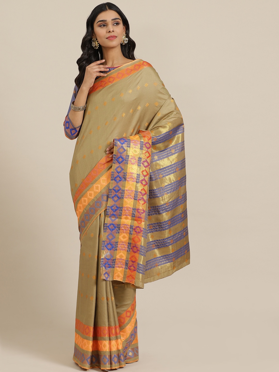 

KALINI Beige & Orange Jacquard Woven Design Saree