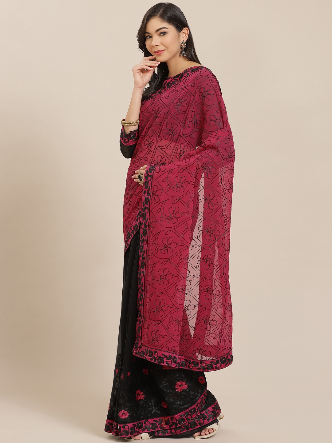

Mitera Pink & Black Pure Georgette Embroidered Half & Half Saree