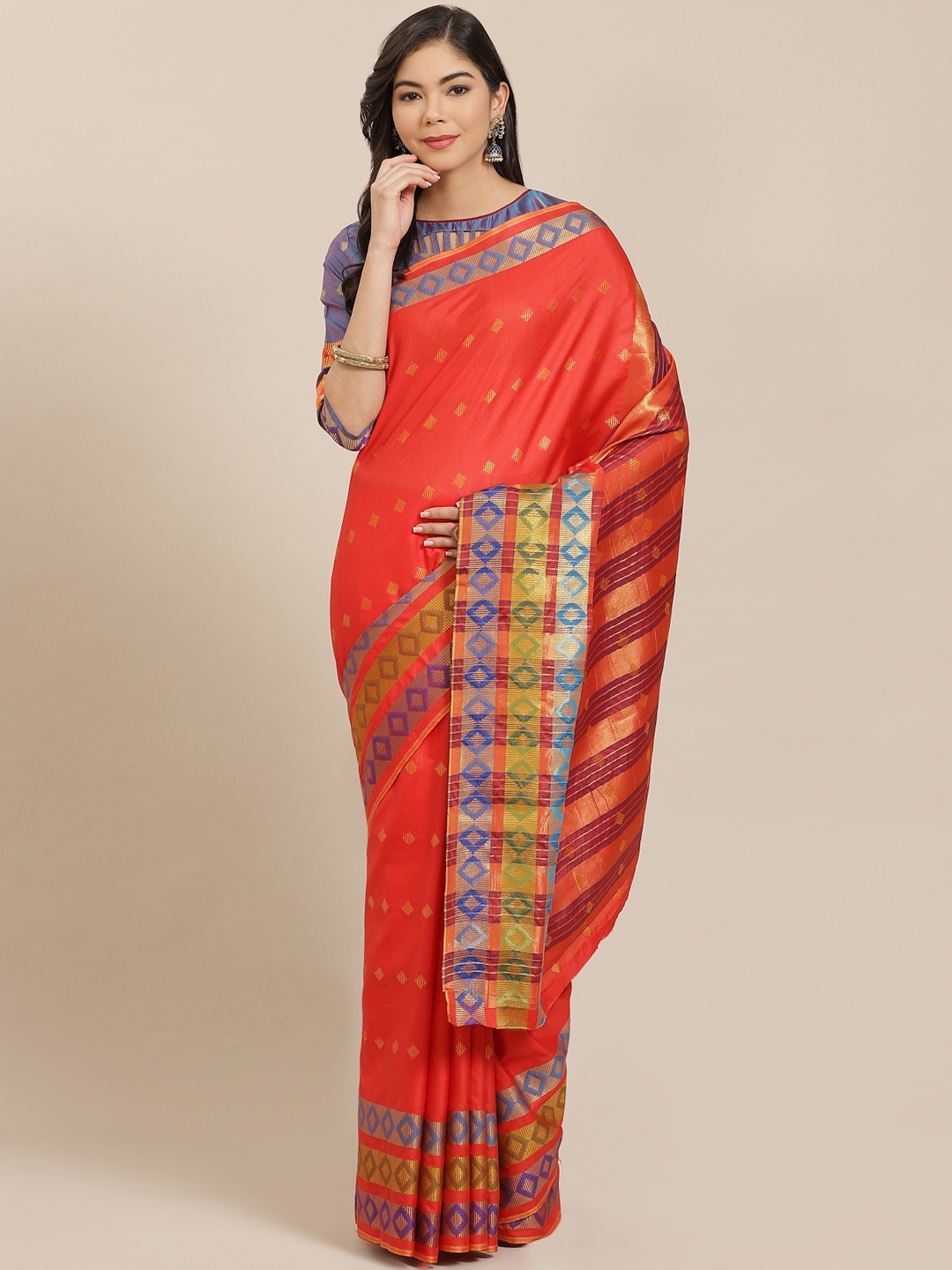 

KALINI Coral Red & Golden Woven Design Saree