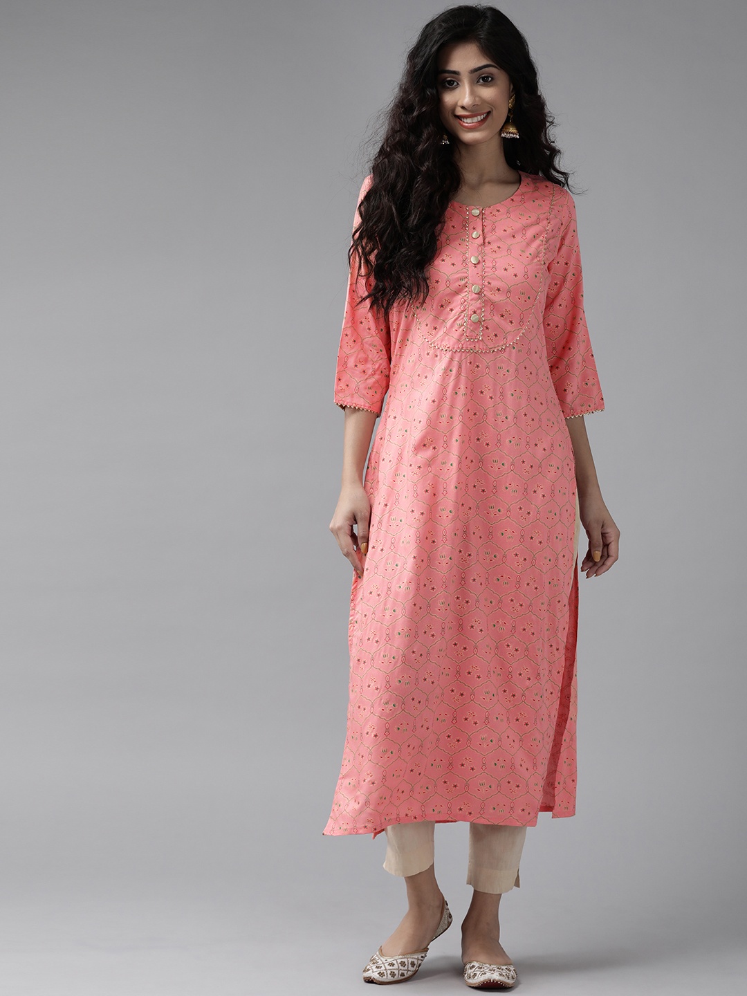 

Ginni Arora Label Women Pink & Golden Foil Printed Straight Kurta