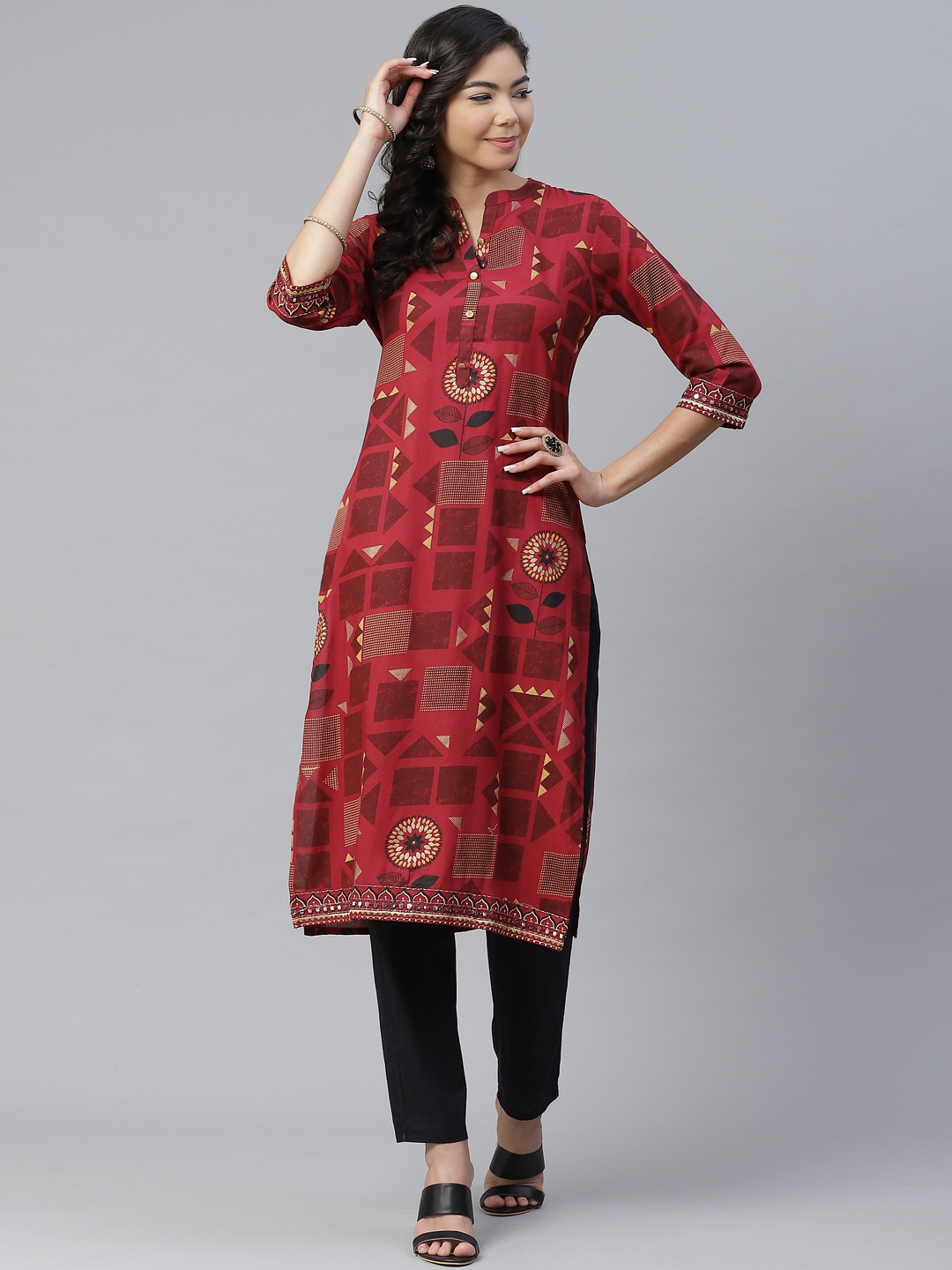 

Anubhutee Women Maroon & Beige Geometric Printed Kurta with Trousers