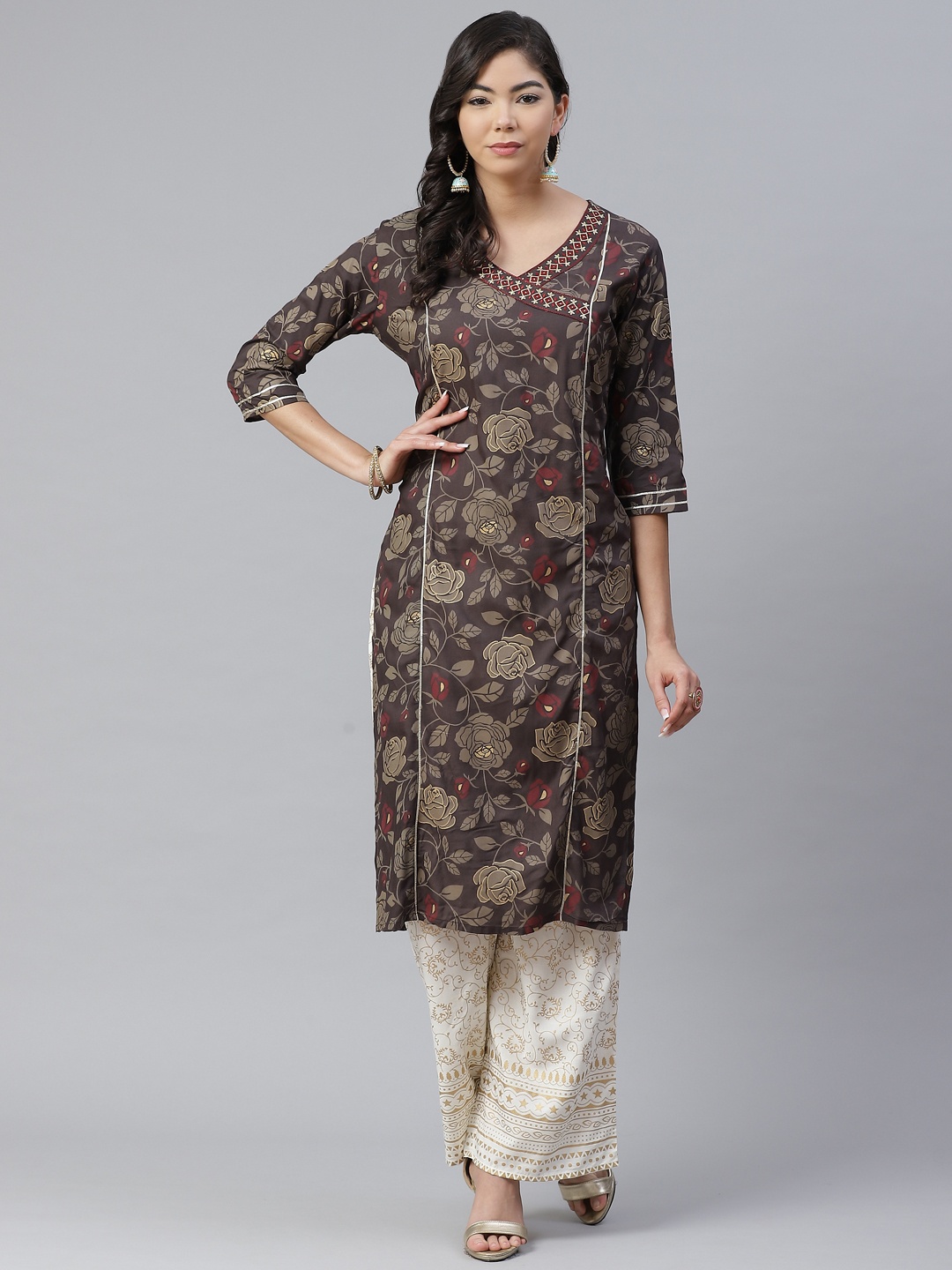 

Anubhutee Women Olive Green & Golden Floral Printed Angrakha Kurta with Palazzos