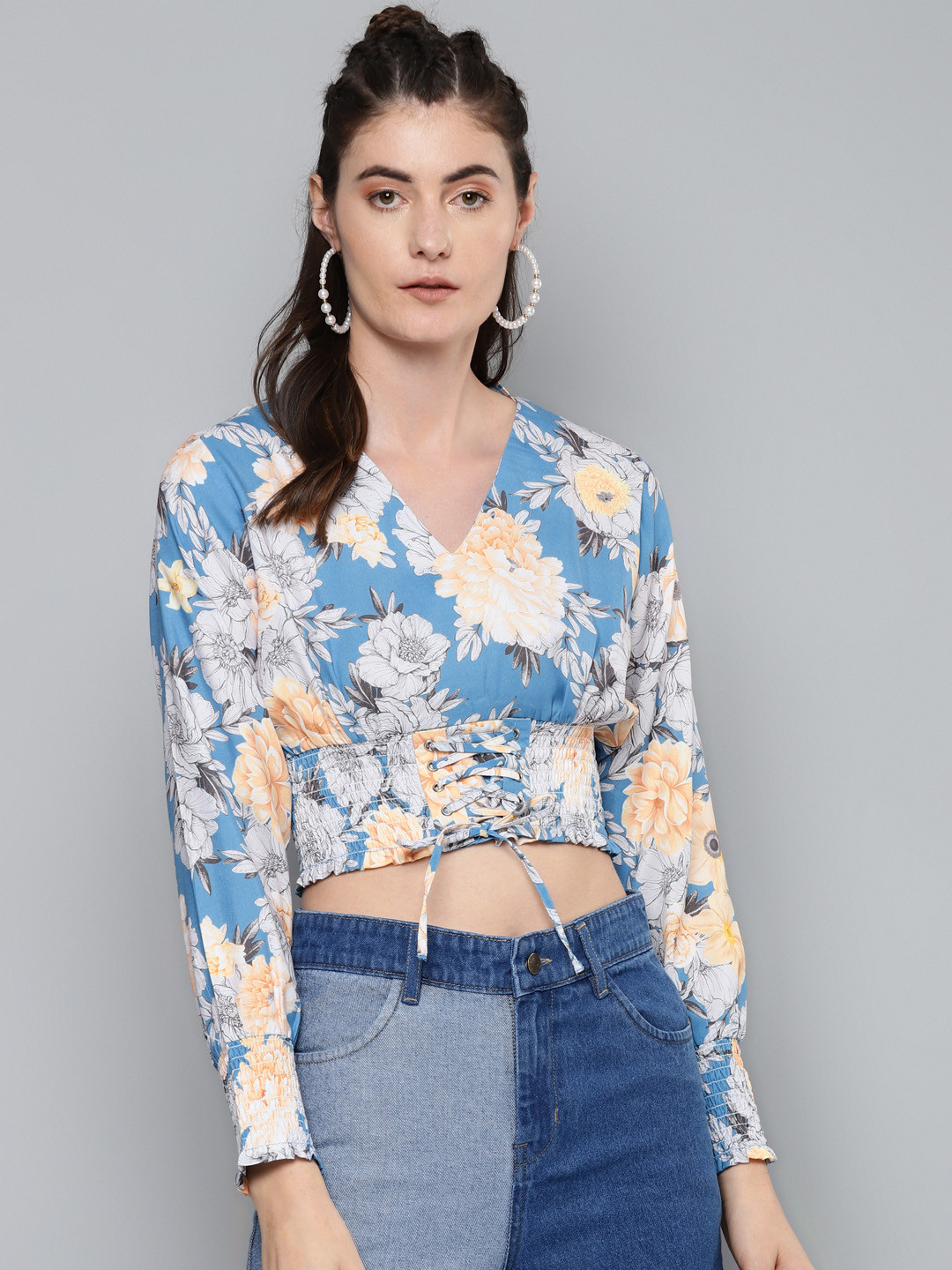 

Sassafras Blue & Yellow Floral Printed Cinched Waist Crop Top
