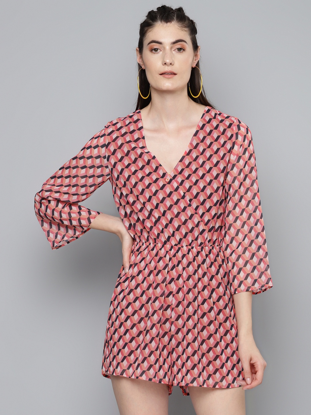 

SASSAFRAS Women Peach-Coloured & Black Geometric Printed Playsuit