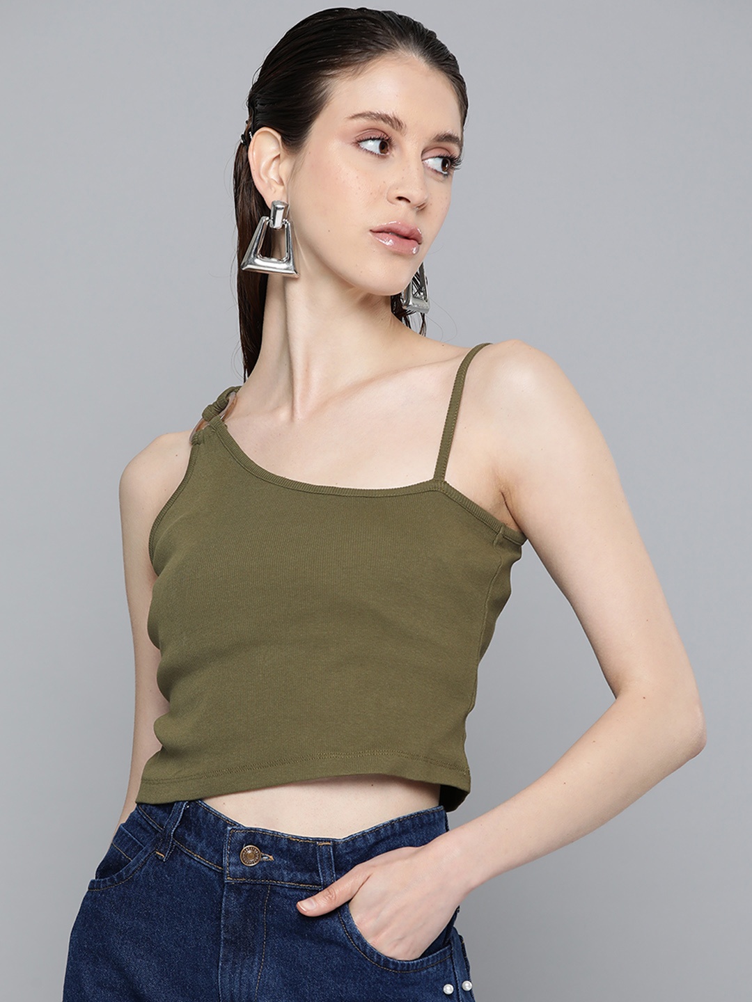 

Sassafras Olive Green Pure Cotton Fitted Crop Top