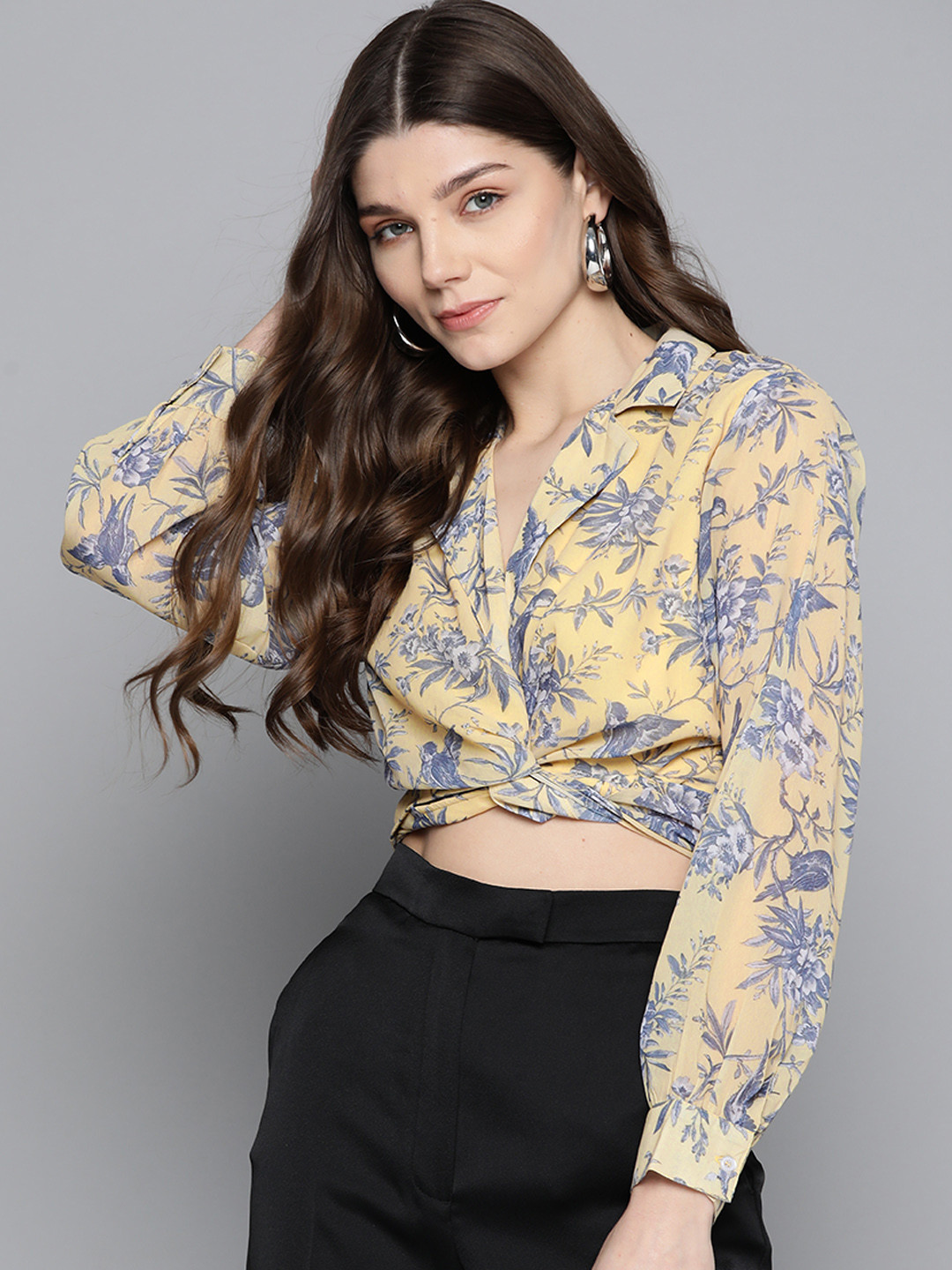 

Sassafras Yellow & Blue Floral Printed Georgette Wrap Crop Top