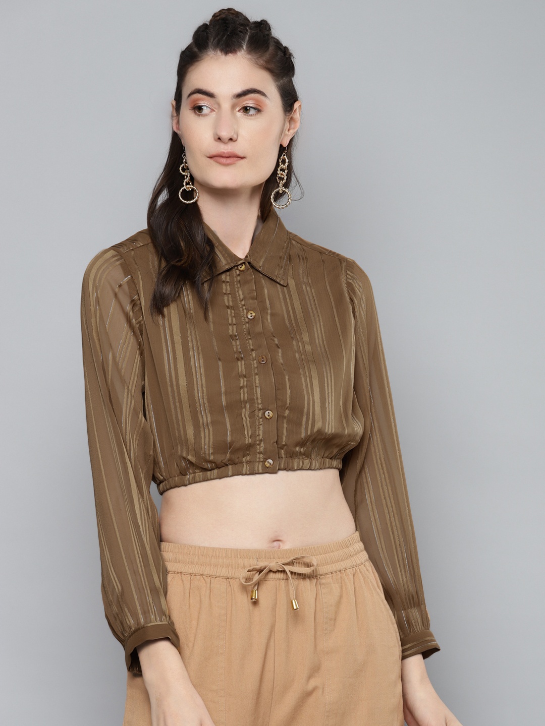 

Sassafras Brown Striped Shirt Style Crop Top