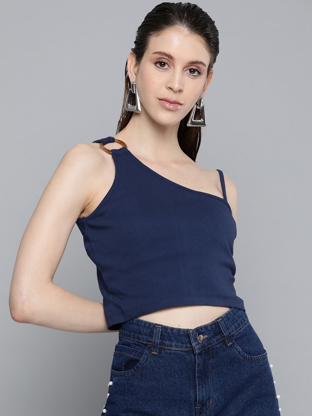 

Sassafras Navy Blue Pure Cotton Fitted Crop Top