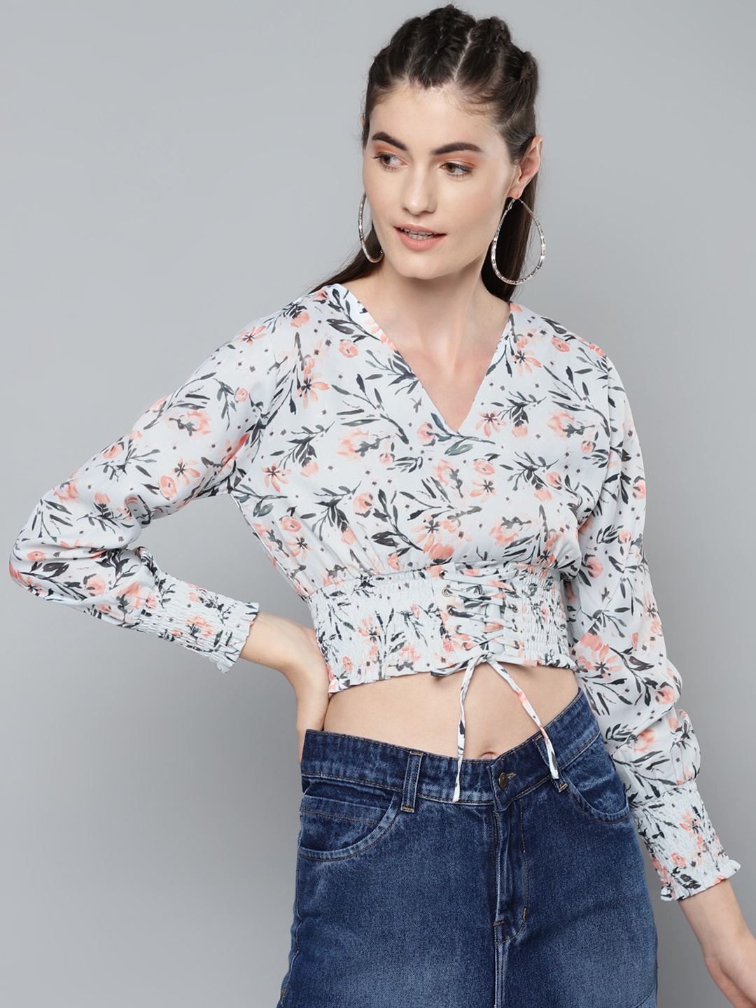 

Sassafras Blue & Black Floral Printed Cinched Waist Crop Top