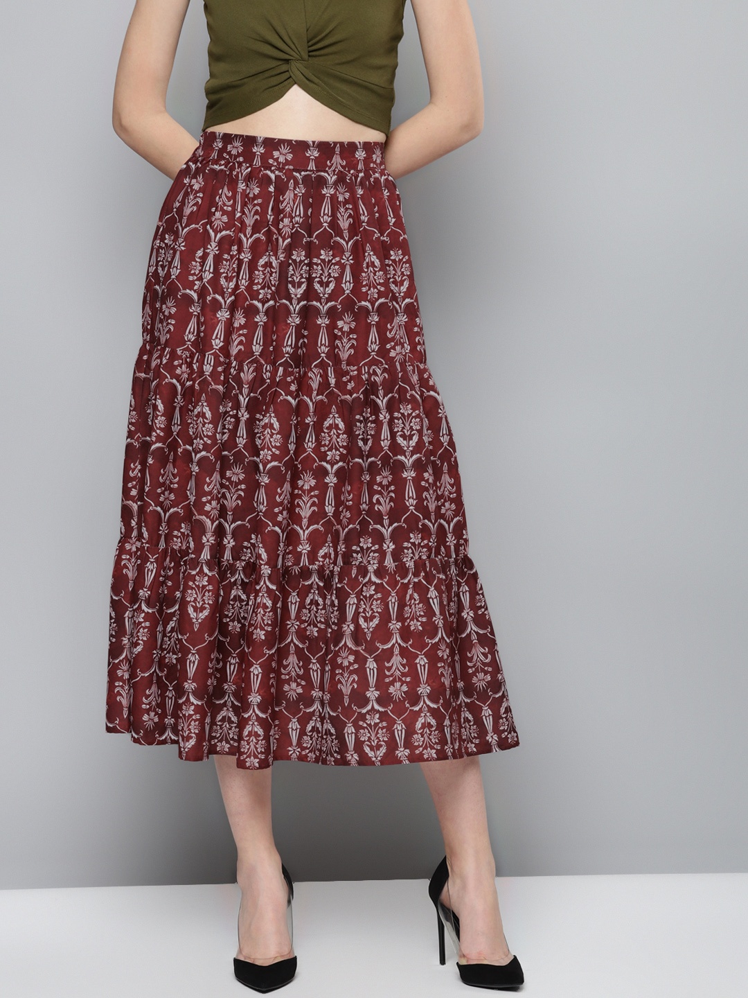 

SASSAFRAS Women Maroon & White Printed Tiered Skirt