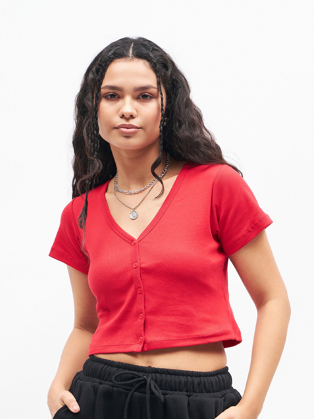 

Sassafras Red Pure Cotton Fitted Crop Top