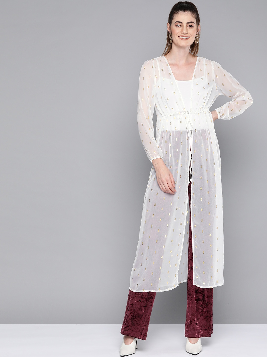 

SASSAFRAS Women White & Golden Self-Design Tie-Up Longline Shrug