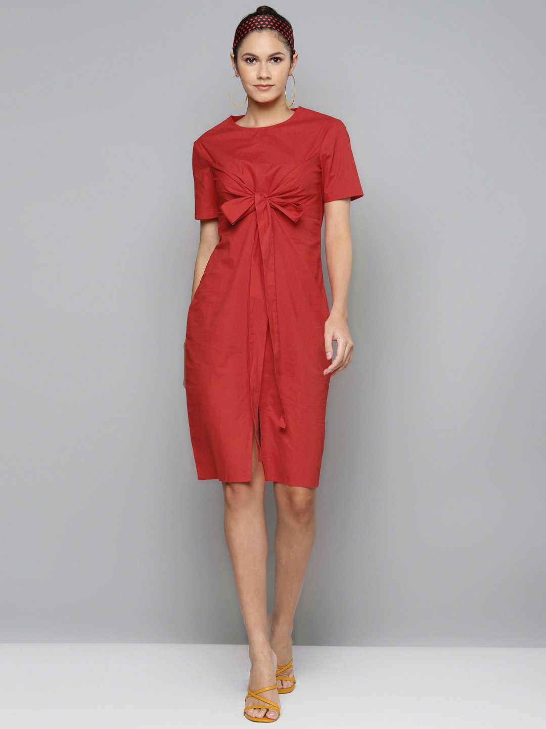 

SASSAFRAS Women Maroon Solid Cotton Sheath Dress
