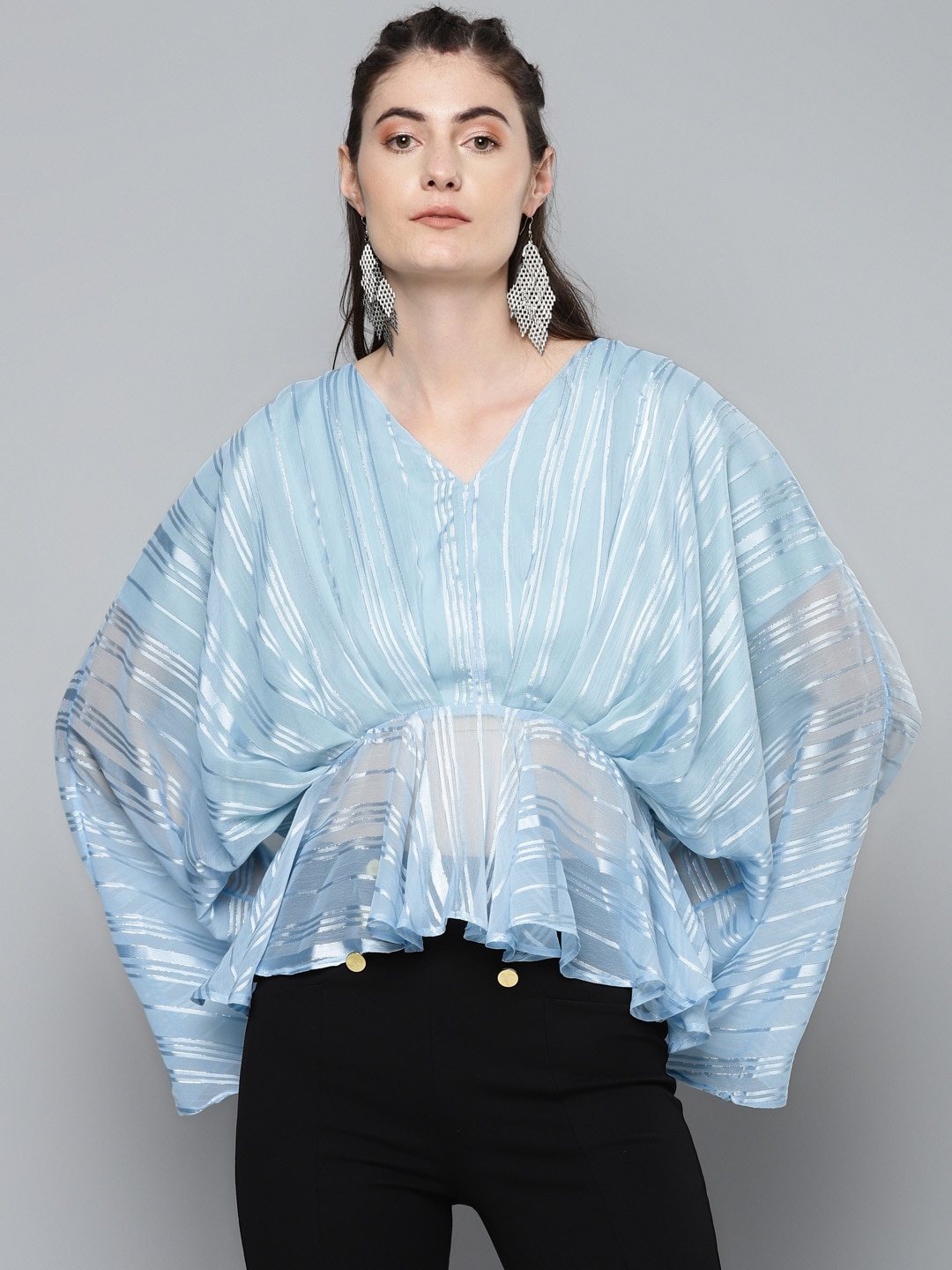 

SASSAFRAS Blue & White Striped Kimono Sleeves A-line Top