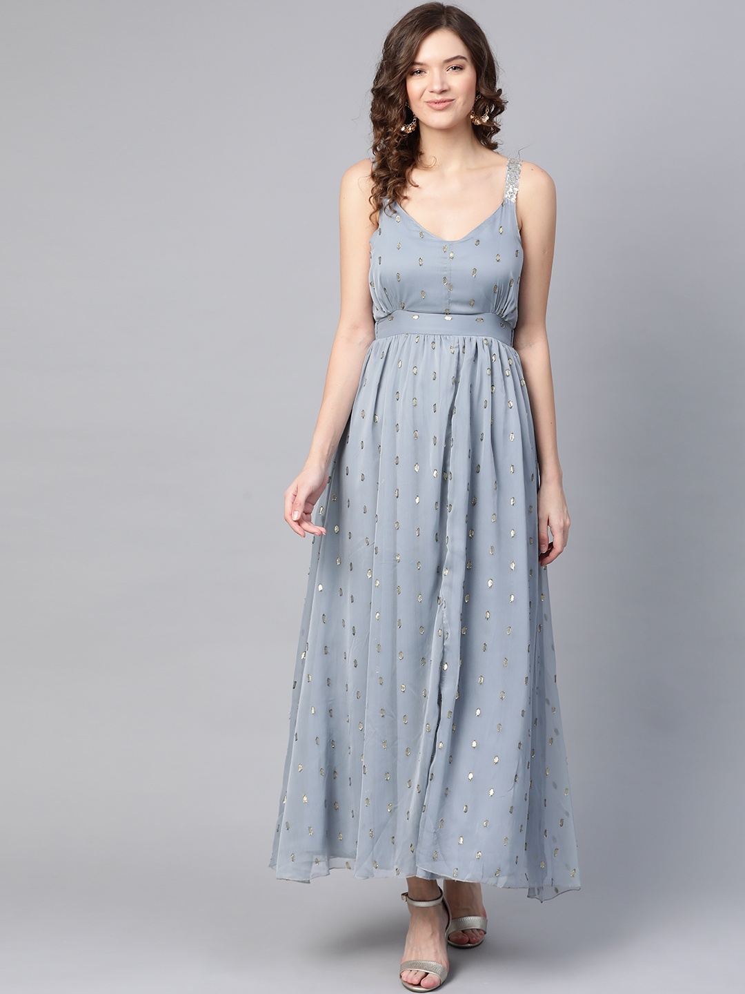 

SASSAFRAS Grey & Golden Self Design Dobby Pattern Maxi Dress