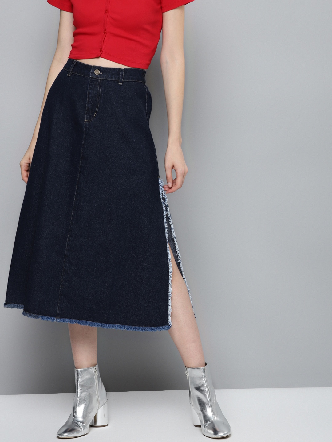 

SASSAFRAS Navy Blue Pure Cotton Denim A-Line Skirt